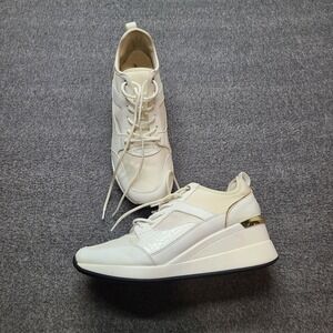 ALDO White Wedge Sneakers Crocodile Embossed Gold Accent Lace Up Women US 11